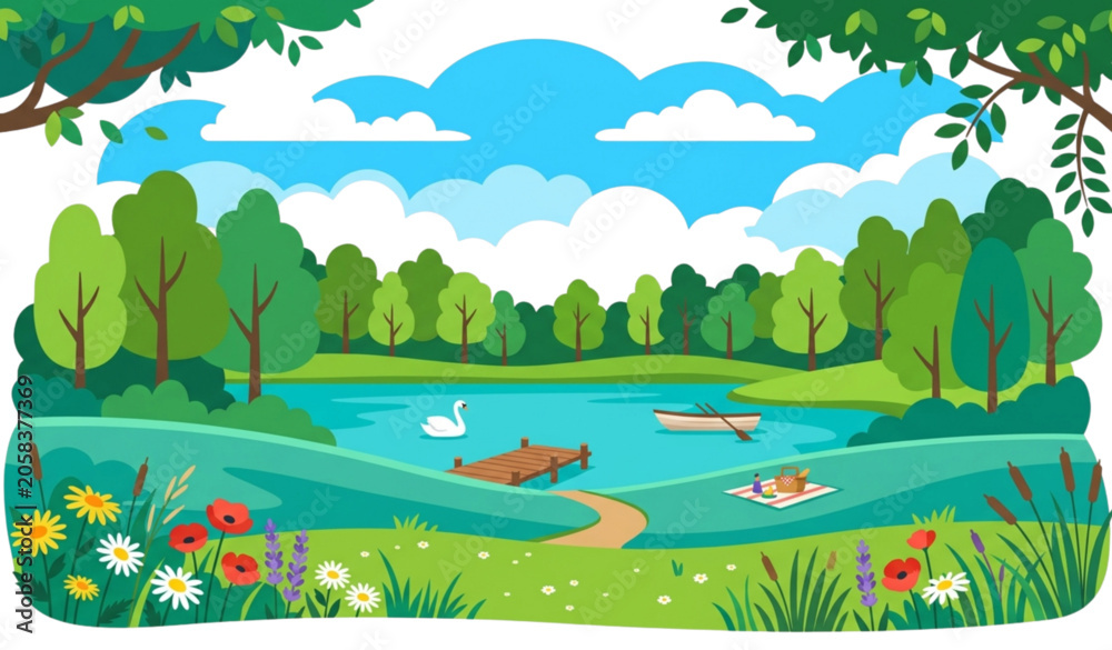 Obraz premium Beautiful Summer Lake Landscape Cartoon Nature Scene Vector Illustration