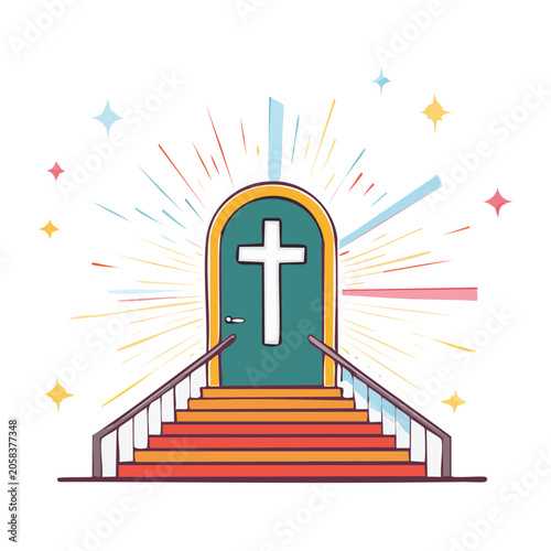 Doorway to Heaven with Christian Cross and Stairs