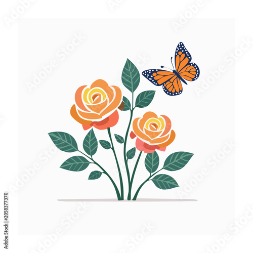 Flat design butterfly with flowers and leaves