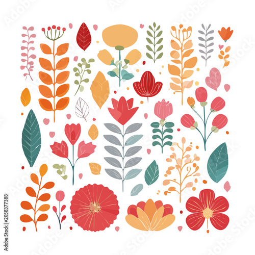 Flat design floral pattern with various flowers and leaves