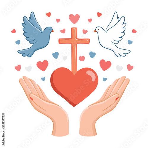 Hands holding heart, cross and doves with hearts