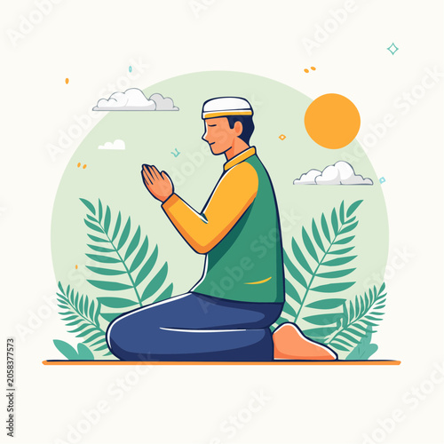 Man Praying in Islamic Attire with Nature Background