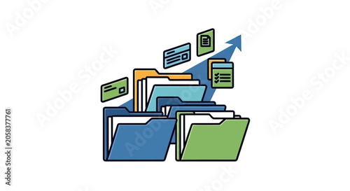 Принти на полотні Blue and green folders with flying document icons.
