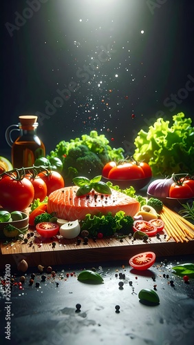 A vibrant still life of fresh vegetables and a fish on a wooden board