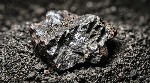 Shiny Metallic Mineral Ore Specimen on Dark Rocky Ground
