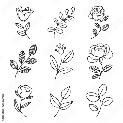 Elegant Floral Line Art Icons Collection – Rose Flowers, Leaves and Botanical Outline Vector Set