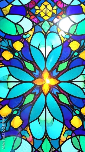 A vibrant stained glass window with intricate floral geometric patterns