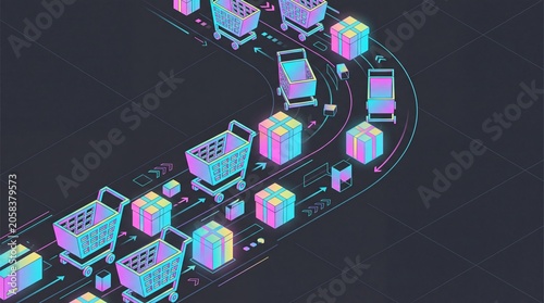 Isometric neon data stream of flowing shopping carts and gift boxes for digital e-commerce