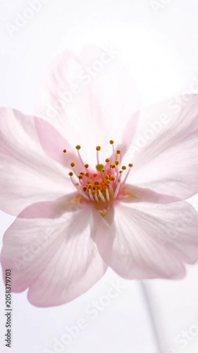 A single delicate pale pink flower isolated on a white background