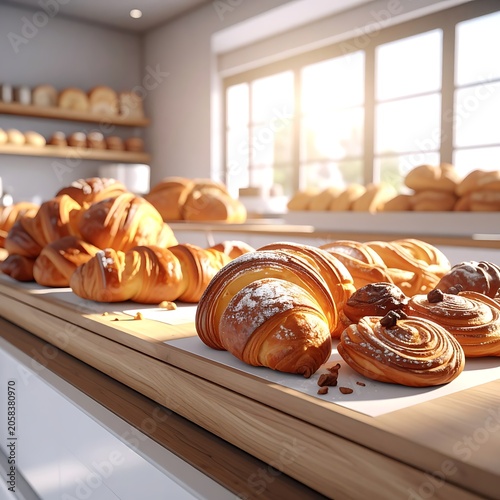 A warm bakery display with assorted pastries on a wooden counter (1)