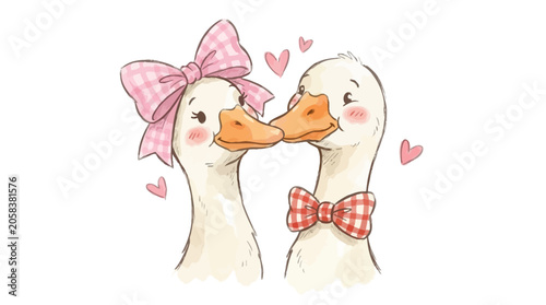 Adorable Romantic Goose Couple Celebrating Valentine's Day with a Sweet Kiss Featuring Pink Bow and Dapper Blue Bowtie Hand Drawn Cartoon Illustration Isolated on a Pristine White Background