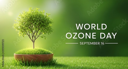 Small tree in pot celebrating World Ozone Day with sunlight and nature background