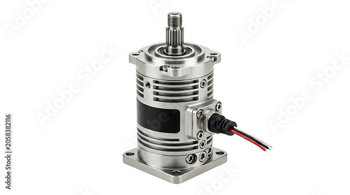 Compact industrial electric motor with silver metallic casing, cooling ribs, and a multi-colored wire connector isolated on white background