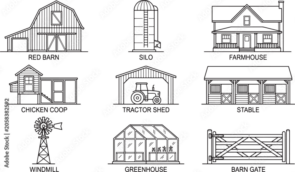 Fototapeta premium Farm building icons set featuring barn silo farmhouse chicken coop tractor shed stable windmill greenhouse and gate
