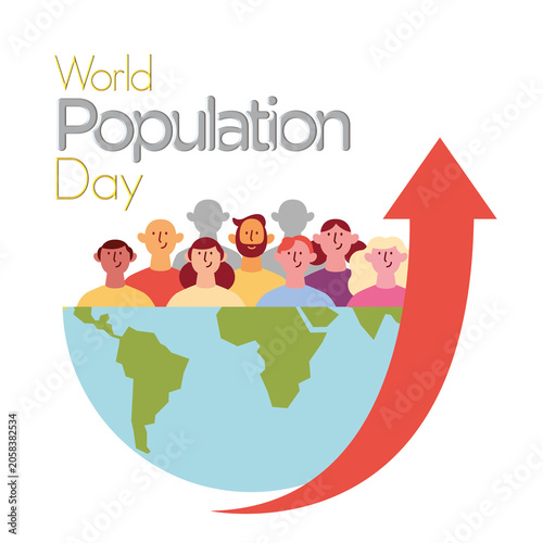 Illustration for World Population Day showing a growing globe with people on top and a red upward arrow representing population growth