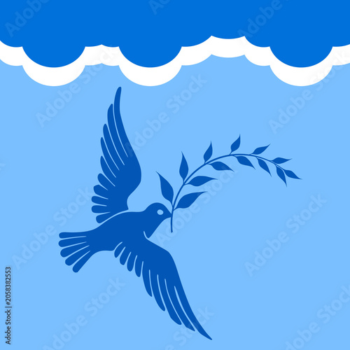 Dove of Peace Flying: A serene blue dove, an iconic symbol of peace, soars gracefully through a clear sky, clutching an olive branch, its wings spread wide against a backdrop of fluffy white clouds.