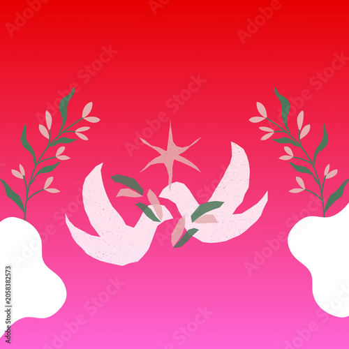 Peaceful Dove Illustration: A stylized artistic representation of two doves soaring together amidst delicate foliage and a shimmering star, set against a vibrant gradient background to evoke harmony.