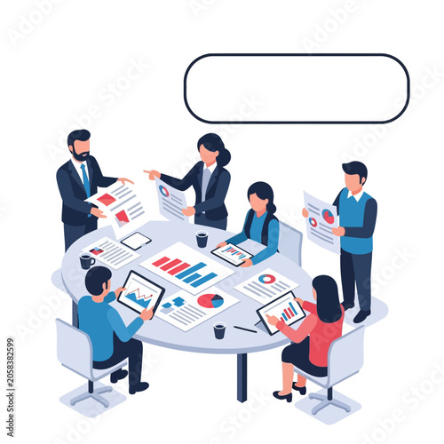Business team collaborating around a conference table with charts and tablets.