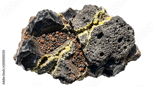 Fotografía Broken volcanic rock with exposed interior and sulfur deposits on transparent ba