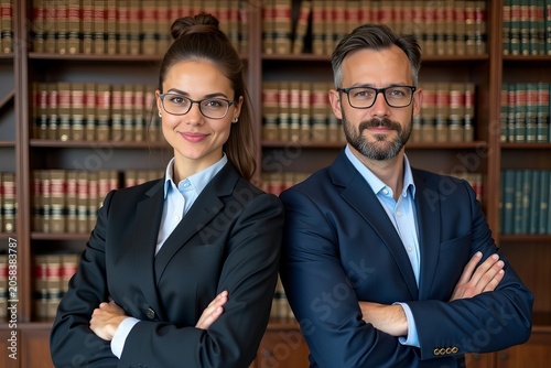 Confident Legal Advisor and Attorney Standing Firmly Before Packed Bookshelves