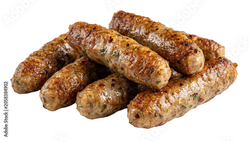 Fotografie Grilled sausages arranged in a pile showcasing browned surfaces on transparent b