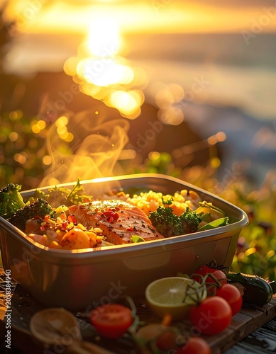 A warm sunset scene with a baking dish of food on a wooden table
