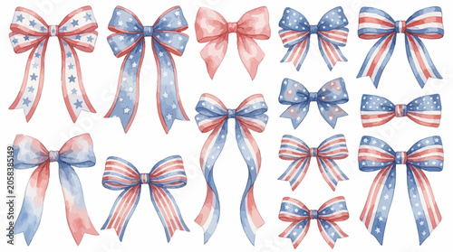 Coquette aesthetic patriotic fourth of July watercolor illustration featuring elegant ribbon bows with American flag stars and stripes pattern isolated on white background for independence day