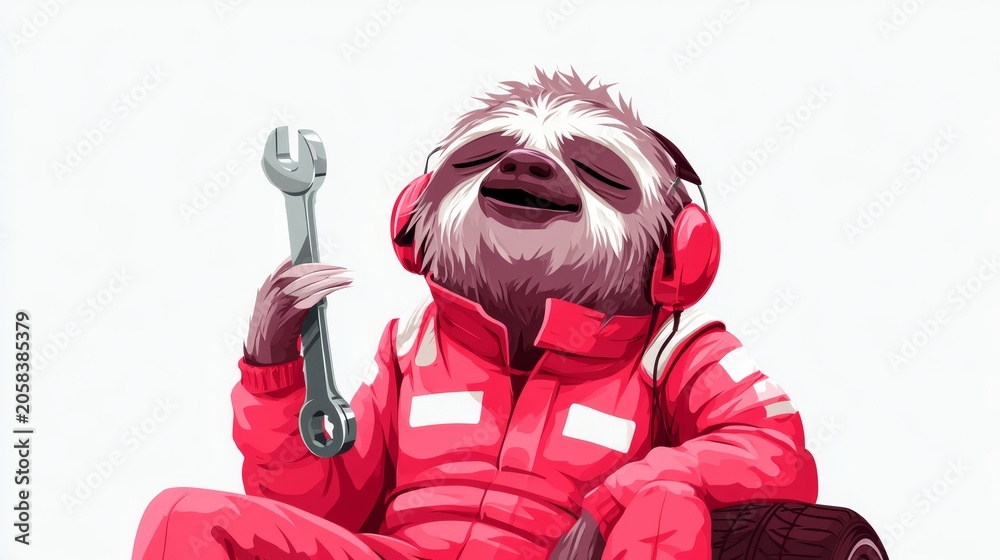 Fototapeta premium Sleepy Sloth Mechanic in Red Jumpsuit Holding Lug Wrench
