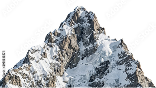 Fotografie Snow covered mountain peak with rocky formations isolated on transparent backgro