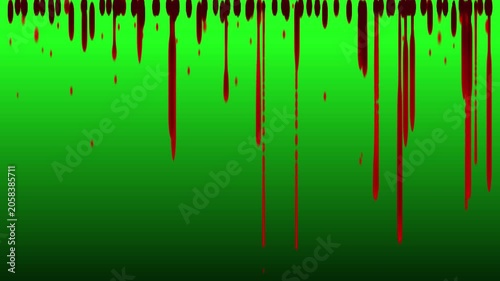 Dark red liquid dripping down over bright green gradient background a crimson or maroon substance drips vertically a lime that
