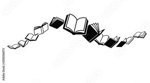 Obraz na płótnie A collection of open and closed books flying in an arc formation.