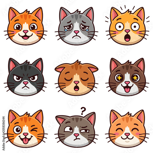 Cute Cat Emoji Faces Set with Different Emotions Vector Icons