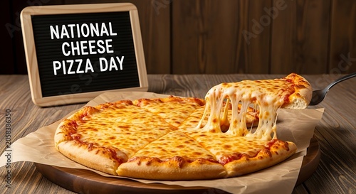 Cheese pizza slice on wooden board celebrating National Cheese Pizza Day with chalkboard sign