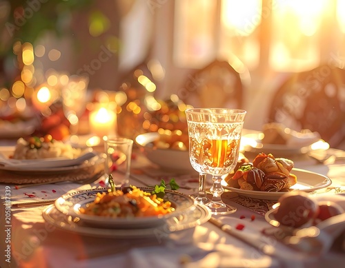 A warmly lit table setting with food and glasses (1)