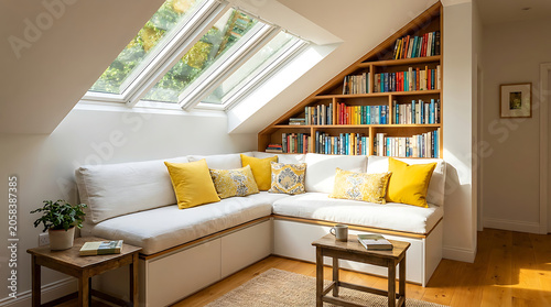 Corner sofa with pillows and built in bookshelves interior photography