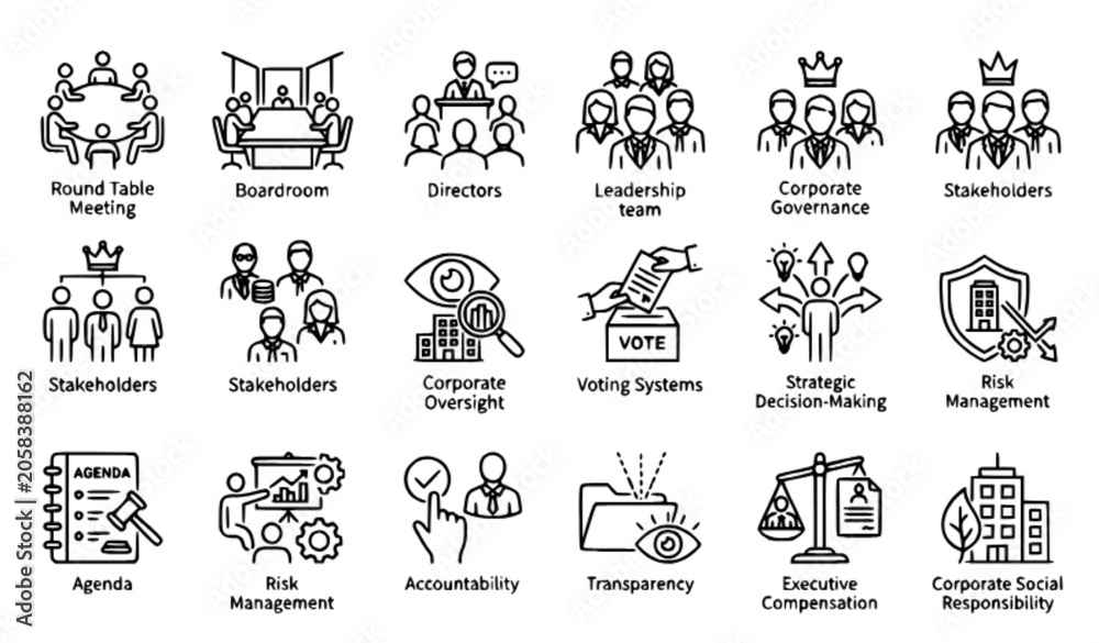 Obraz premium Board meeting and corporate oversight icon collection editable stroke vector
