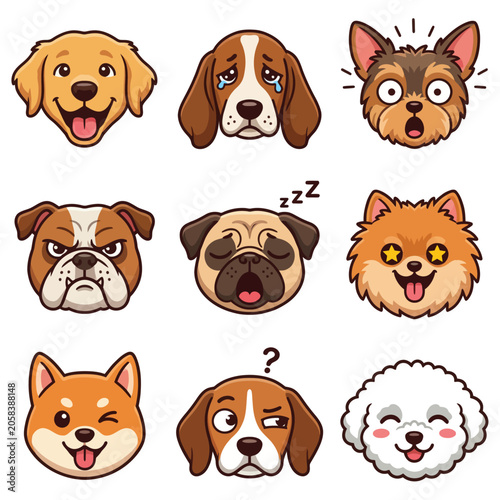 Cute Dog Emoji Faces Set with Different Emotions Vector Icons