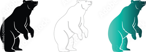 Minimalist Standing Bear Icon Set in Black Outline and Teal Gradient