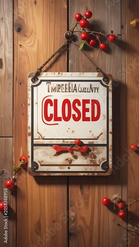A weathered closed sign hangs on wooden planks surrounded by red berries