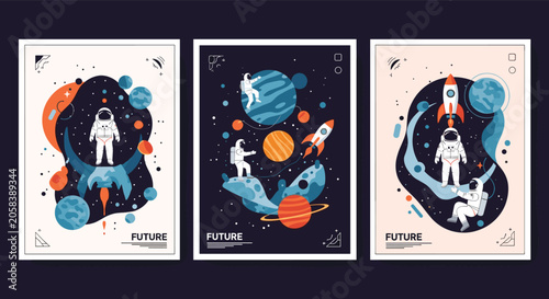 Set of retro style space exploration posters titled FUTURE featuring astronauts, rockets, and planets in a limited color palette.