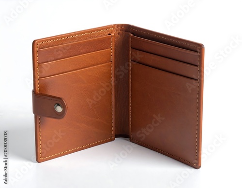 Open Brown Leather Wallet Displayed on White Background