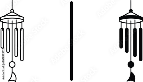 Obraz na plátně Hanging wind chime icon set in vector outline and solid silhouette styles