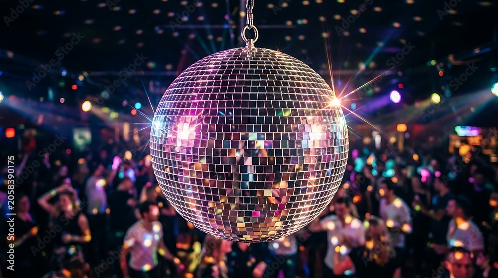 Obraz premium Disco ball hanging in a colorful nightclub with party lights