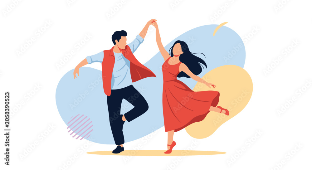 Obraz premium Energetic man and woman dancing together in a spirited pose against a vibrant background of blue and yellow abstract flowing shapes.