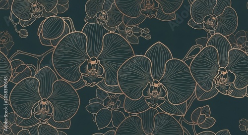 Elegant gold orchid line art seamless pattern on dark teal background