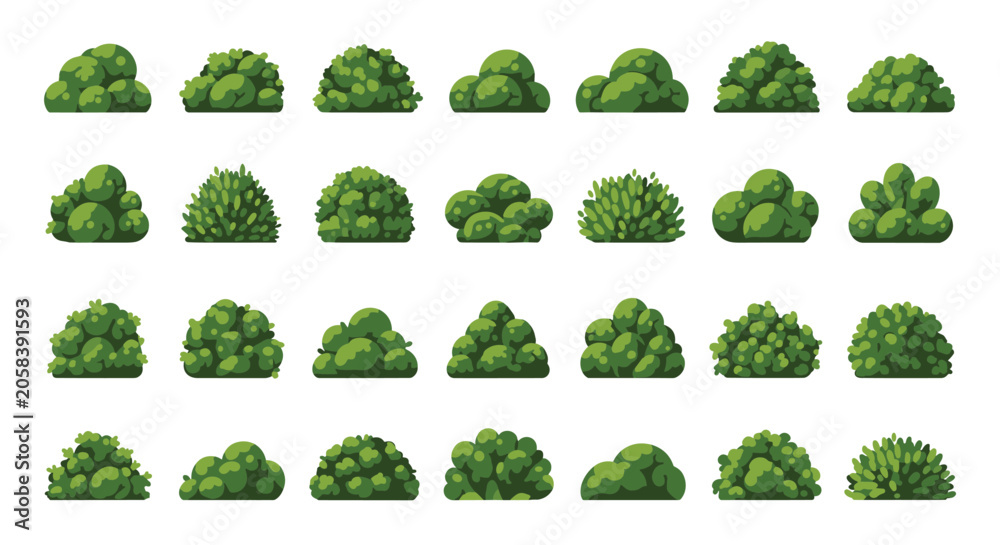 Fototapeta premium Large selection of green bushes and garden shrubs in various shapes and structures displayed in a clean grid.