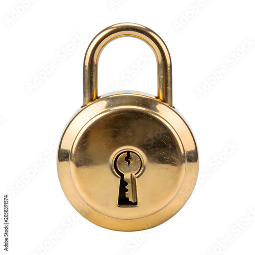 Close-up of a shiny gold padlock with keyhole on a white background