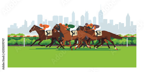 Fotografie Professional horse racing championship with jockeys vector illustration