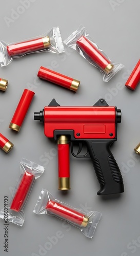 Red Toy Pistol with Foam Dart Cartridges Arranged on Gray Surface