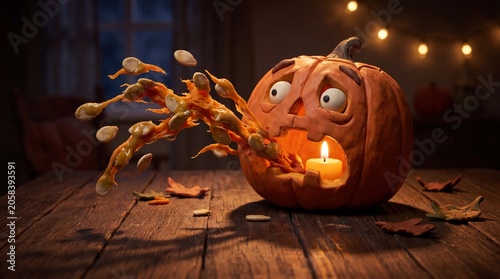 Claymation jack-o-lantern spitting seeds and pulp with scared expression on rustic table
